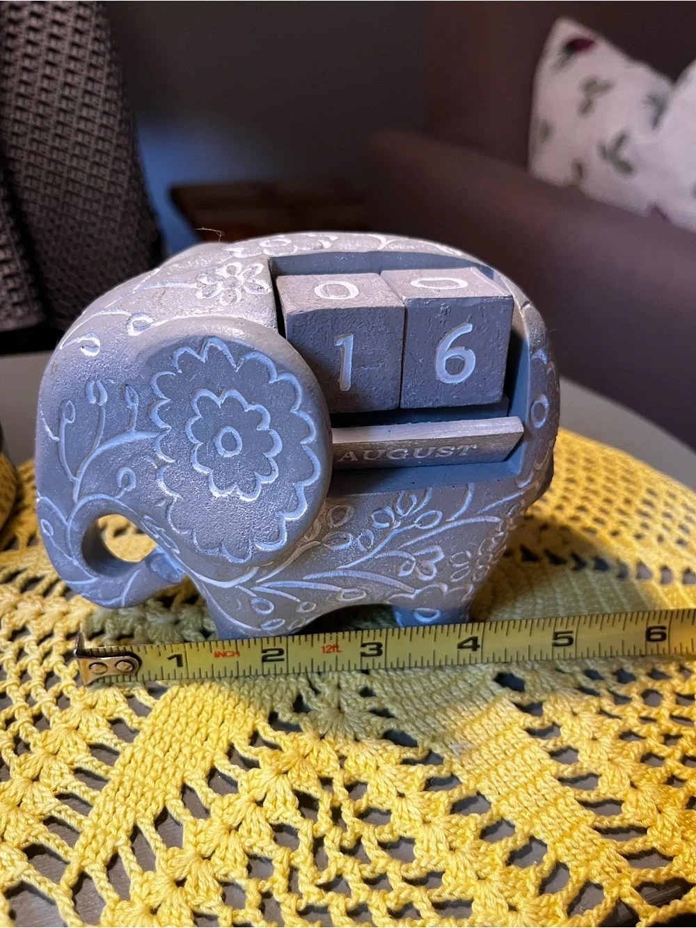Grey Floral Carved Elephant Perpetual Wooden Block Calendar Desk Accent